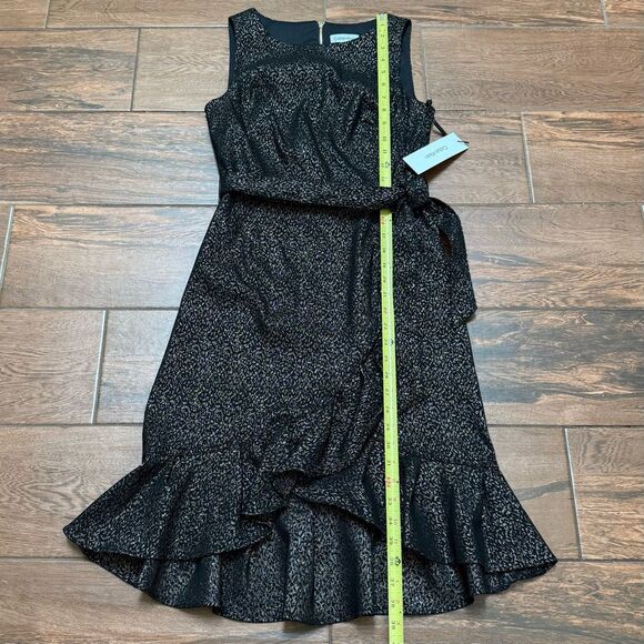 Calvin Klein Faux Wrap Dress Black Metallic Ruffle Hem Stretch Dress Sz 6 NWT - Picture 6 of 11